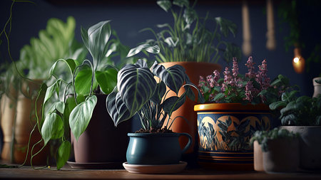 Houseplants in pots on the wooden table. 3d renderingの素材