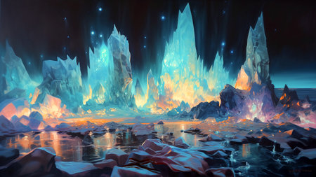 Icebergs in the ocean. Fantasy landscape. Digital painting.の素材