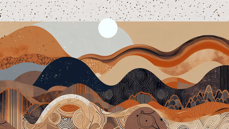 Abstract hand drawn landscape with mountains, hills, sea and sun.の素材