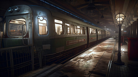 Train in the old train station at night. 3D rendering.の素材