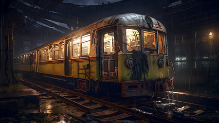 Old train at night in the city. 3d rendering. toned imageの素材