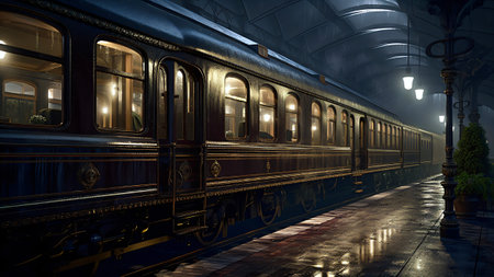 Train in a train station at night. 3D Rendering.の素材