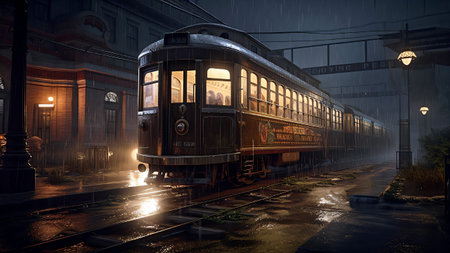 Old train in the foggy city at night. 3d renderingの素材