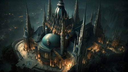 Fantasy temple in the middle of the night. 3D renderingの素材