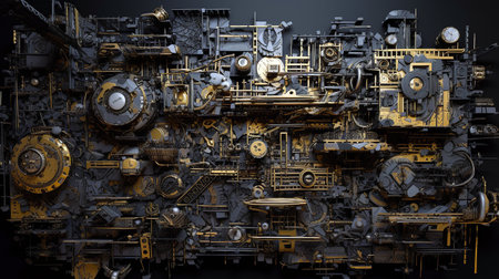 3d rendering of industrial equipment in black and gold color isolated on black backgroundの素材