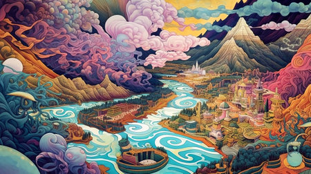 Fantasy landscape with mountains, river and city. Digital painting.の素材