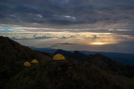 Camping in the sunsetの写真素材