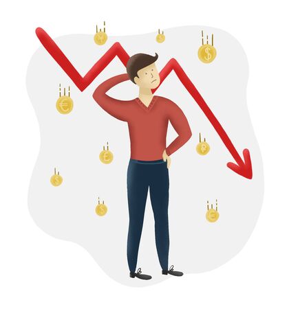 Stock market crash. Stocks fall and man lost money. Economic downturnのイラスト素材