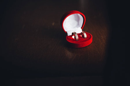 Wedding rings on a red boxの写真素材