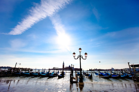 Gondola parking at the Venice waterfront, Europaの写真素材