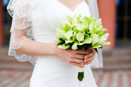 Bridal bouquet green and white dress 1の写真素材