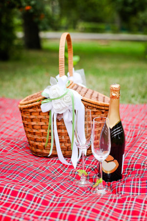 Basket with white ornaments and champagne, wine 1の写真素材