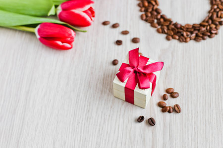 Red tulips, gift box coffee and corn 1の写真素材