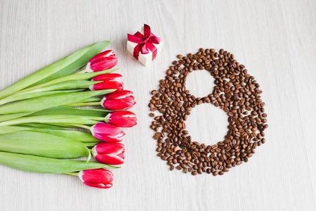 Red tulips, gift box coffee and corn 1の写真素材
