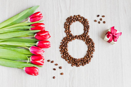 Red tulips, gift box coffee and corn 1の写真素材