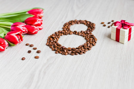 Red tulips, gift box coffee and corn 1の写真素材