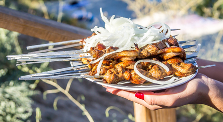 Meat on metal skewers skewers with onionsの写真素材