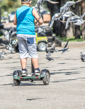 The child is riding a gyroscope in a park among the pigeons