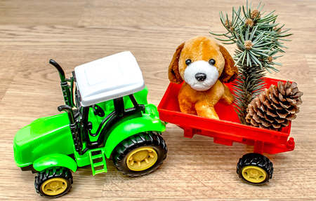 Tractor carries New Year tree and plush dogの写真素材
