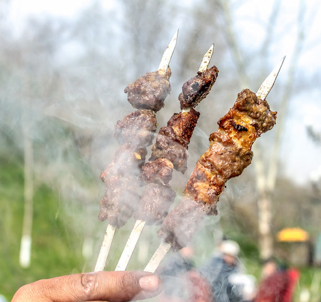 Preparation of meat on metal sticks on the nature barbecue