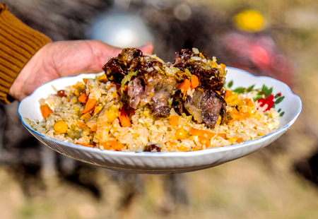 Dish of Asian cuisine from rice and pilaf meat on a plateの写真素材