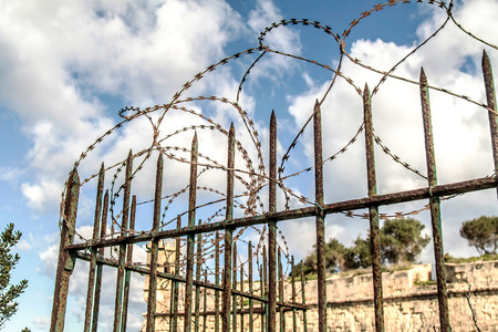 Metal barbed wire against the skyの写真素材