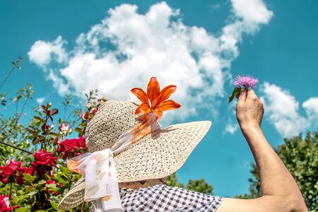 Flower orange lily as decoration in the hat of a womanの写真素材