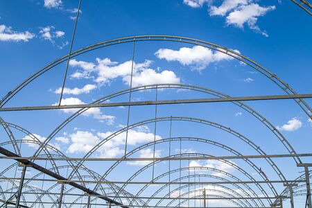 Metal frame in the construction of greenhouses against the skyの写真素材