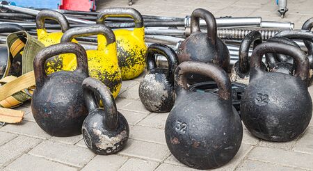 Close-up kettlebell sports equipment weight on the floorの写真素材