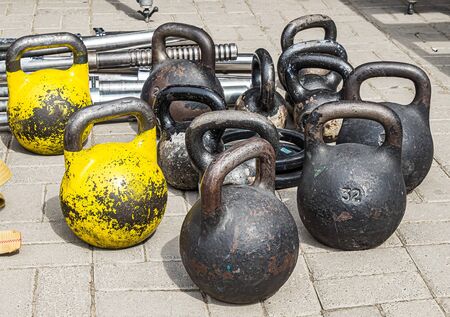 Close-up kettlebell sports equipment weight on the floorの写真素材
