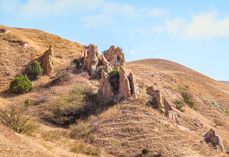 Protruding cliffs in the highlands. Mountainous landscape. Selective focus.の写真素材
