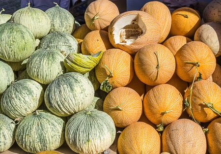 Ripe melons on the collective farm market. Selective focus.の写真素材