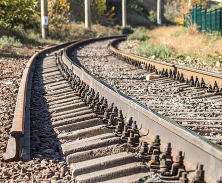 Fastenings of metal railway rails close-up