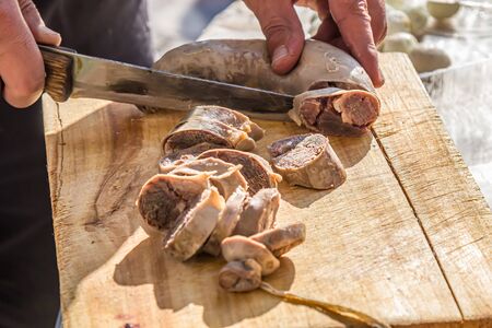 Sliced sausage of horsemeat kazy close-upの写真素材
