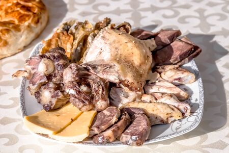 Asian meat cutting. Table setting.の写真素材