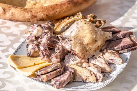 Asian meat cutting. Table setting.の写真素材