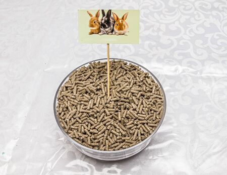 Granules Food for domestic rabbits. Compound feed in a cup.の写真素材
