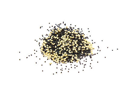 Sesame seeds and culinary poppy on a white background.の写真素材