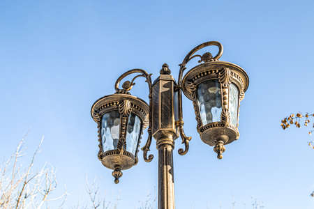 Street lighting lamps in a city park against the sky and trees.の写真素材