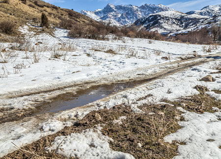 Melted snow on the road in spring.の写真素材