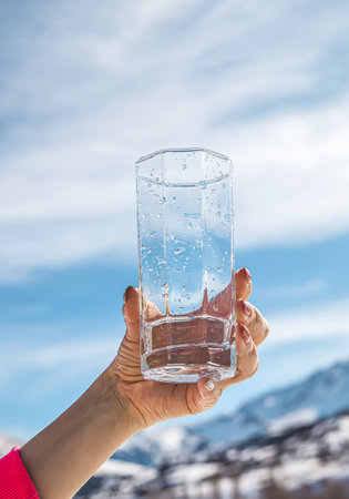 Glass cup with cold water in hand on a background of sky and mountains in the snow.の写真素材