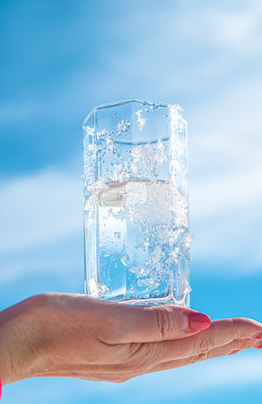 Glass cup with cold water in hand on a background of sky and mountains in the snow.の写真素材
