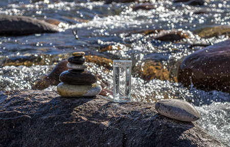 Glass cup with cold water on a background of a mountain river.の写真素材