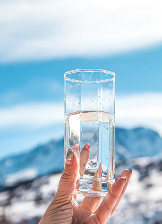 Glass cup with cold water in hand on a background of sky and mountains in the snow.の写真素材