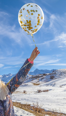 Hand with an inflatable balloon in the winter against the sky.の写真素材