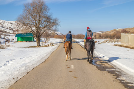 Horses with riders on a mountain road.の写真素材