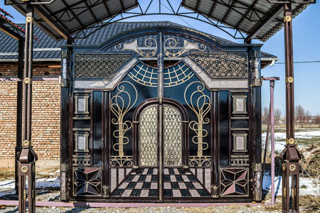 Iron metal gate with forged and painted elements.の写真素材