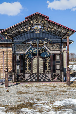 Iron metal gate with forged and painted elements.の写真素材