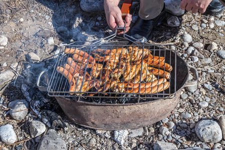Meat is cooked on a grill in nature close-up. Picnic in nature.の写真素材
