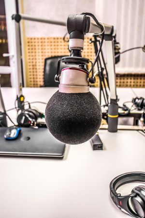Microphone close-up in radio studioの写真素材